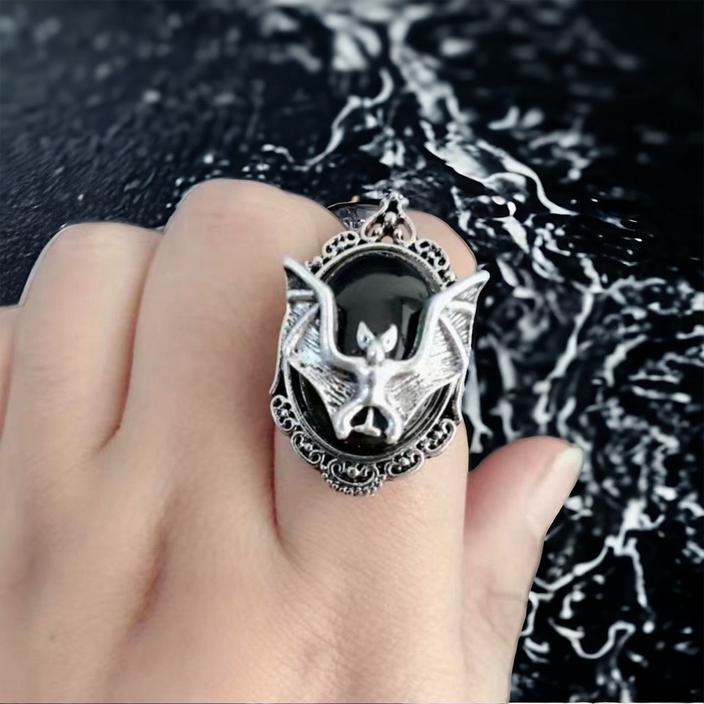 Bat Black Faux Gemstone Open Finger Adjustable Ring‎ Silver Plated Faux Fashion